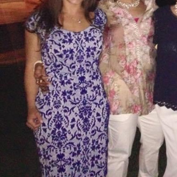 Blue Jacquard Shift Dress with Cut Out Back - Picture 3 of 7